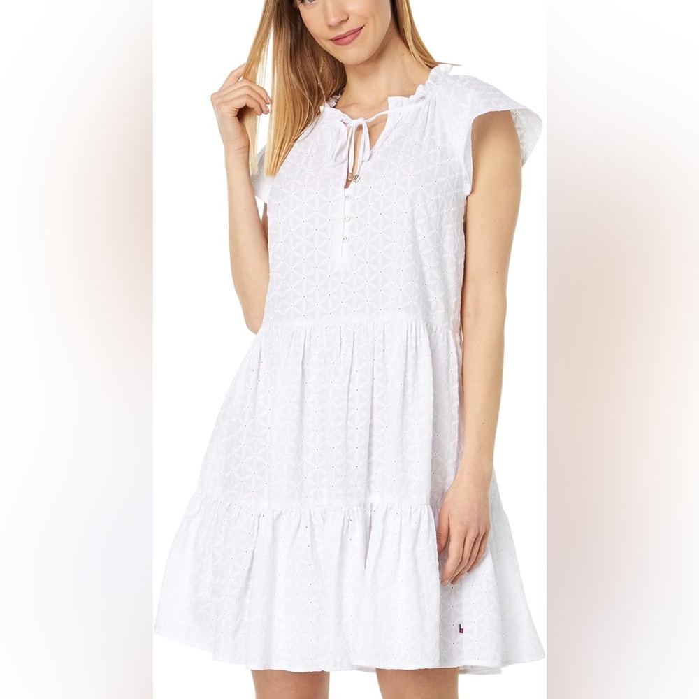 Tommy Hilfiger White Tiered Dress Women’s XXL 37” Flutter Sleeve Summer